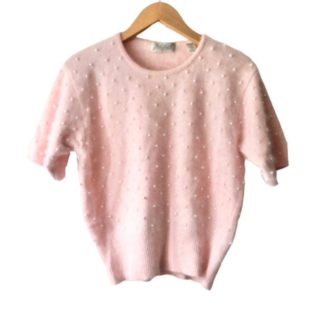 Vintage Lambswool Angora Pearls Pink Balletcore Short Sleeve Knit Top Sweater